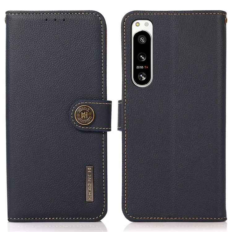 KHAZNEH For Sony Xperia 5 IV 5G Genuine Leather RFID Blocking Phone Case Full Protection Wallet Stand Magnetic Clasp Cover - Blue