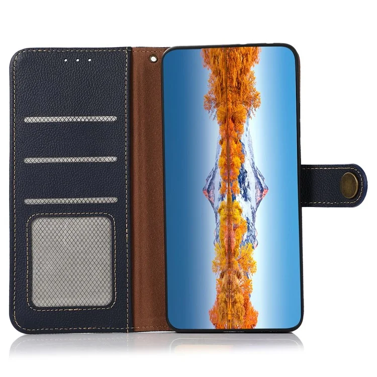 KHAZNEH For Sony Xperia 5 IV 5G Genuine Leather RFID Blocking Phone Case Full Protection Wallet Stand Magnetic Clasp Cover - Blue