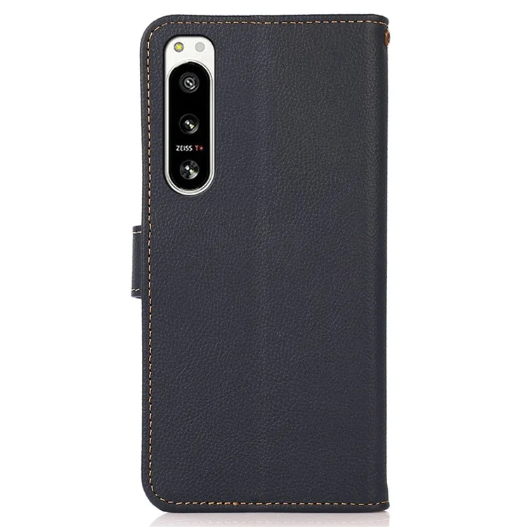 KHAZNEH For Sony Xperia 5 IV 5G Genuine Leather RFID Blocking Phone Case Full Protection Wallet Stand Magnetic Clasp Cover - Blue