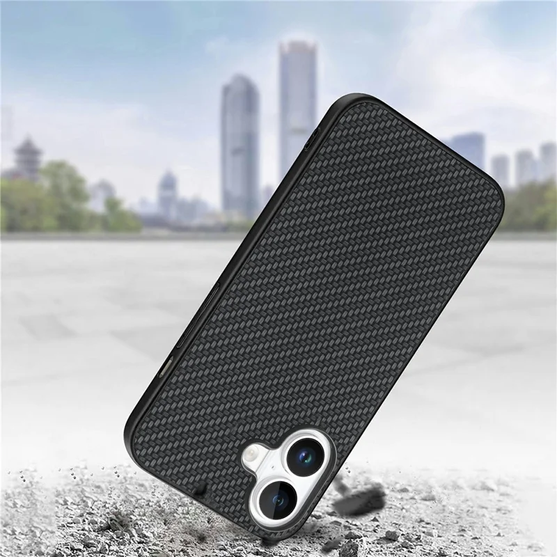 For iPhone 16 Plus Case Carbon Fiber Texture PU Leather + PC + TPU Phone Cover - Black