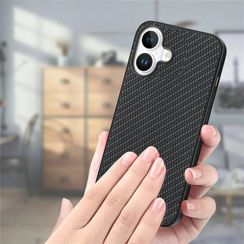 For iPhone 16 Plus Case Carbon Fiber Texture PU Leather + PC + TPU Phone Cover - Black
