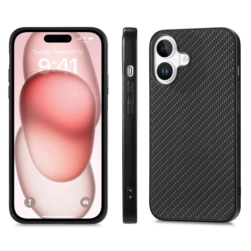 For iPhone 16 Plus Case Carbon Fiber Texture PU Leather + PC + TPU Phone Cover - Black