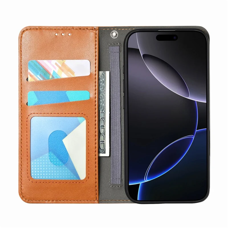 For iPhone 17 Case Wallet Tri-Color Stitching Leather Phone Cover with Elastic Wristband - Brown