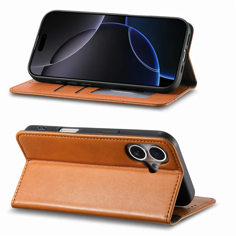For iPhone 17 Case Wallet Tri-Color Stitching Leather Phone Cover with Elastic Wristband - Brown