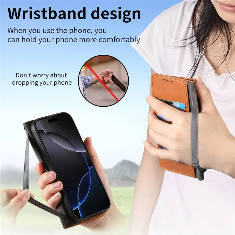 For iPhone 17 Case Wallet Tri-Color Stitching Leather Phone Cover with Elastic Wristband - Brown