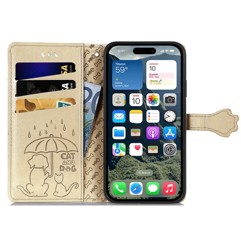 For iPhone 17 Case Flip Wallet Leather Phone Cover with Cute Cat Dog Pattern - Gold