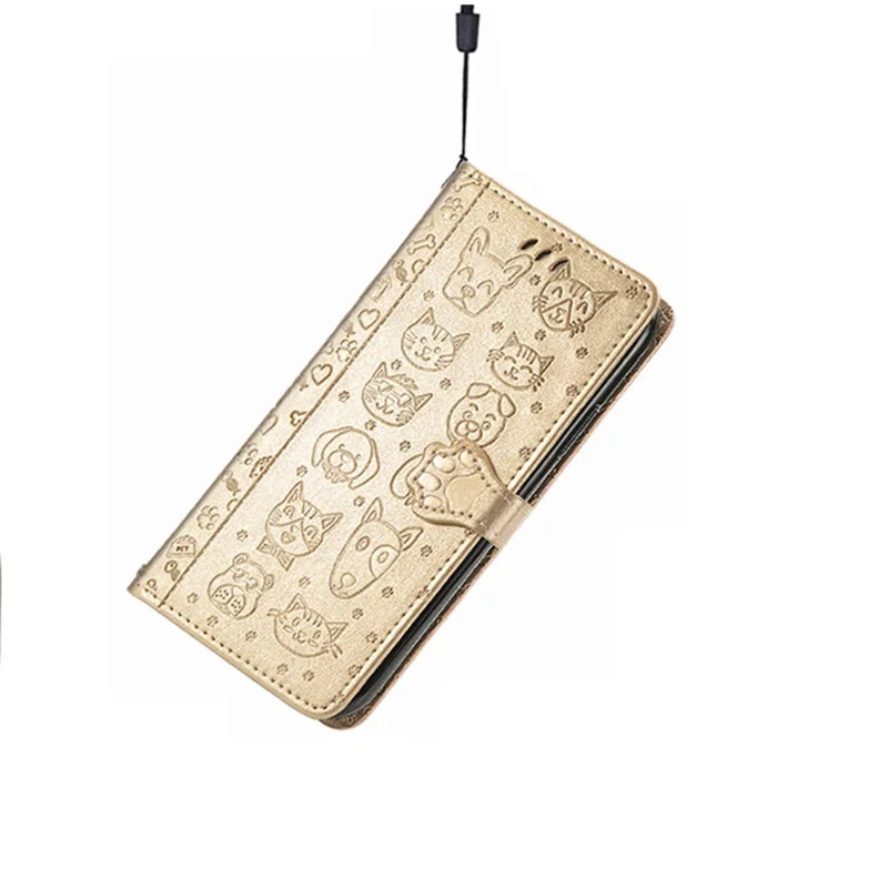 For iPhone 17 Case Flip Wallet Leather Phone Cover with Cute Cat Dog Pattern - Gold
