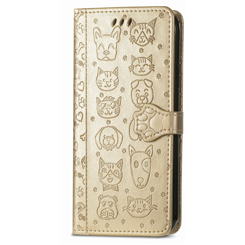 For iPhone 17 Case Flip Wallet Leather Phone Cover with Cute Cat Dog Pattern - Gold