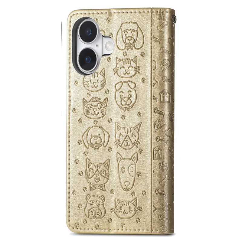 For iPhone 17 Case Flip Wallet Leather Phone Cover with Cute Cat Dog Pattern - Gold