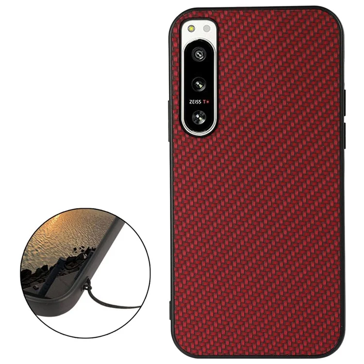 For Sony Xperia 5 IV 5G Phone Protective Cover PU Leather Coated TPU Carbon Fiber Texture Back Case - Red