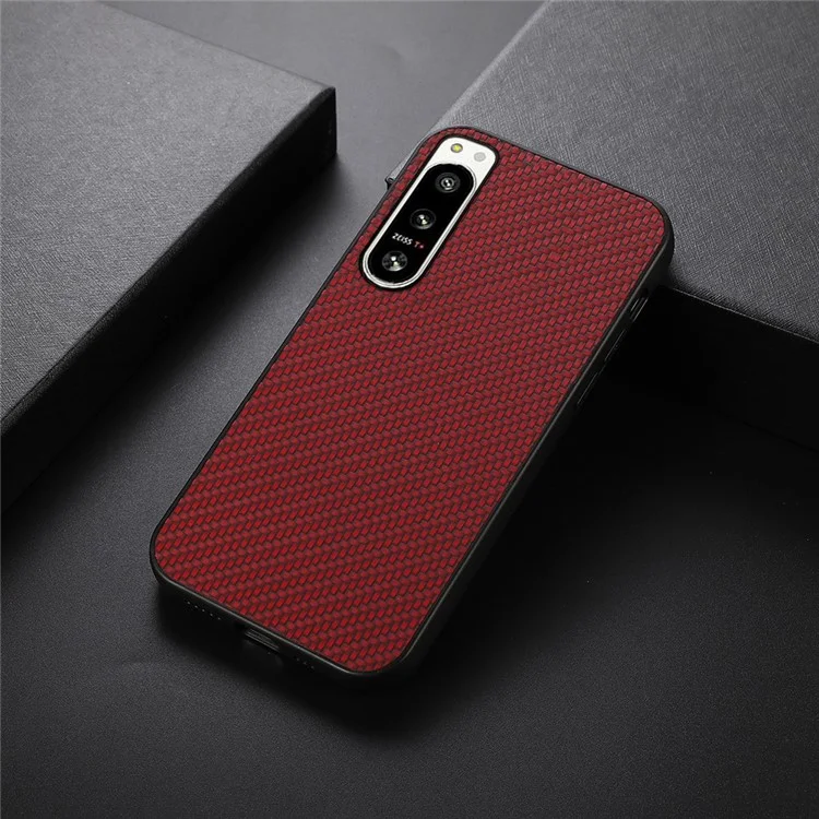 For Sony Xperia 5 IV 5G Phone Protective Cover PU Leather Coated TPU Carbon Fiber Texture Back Case - Red