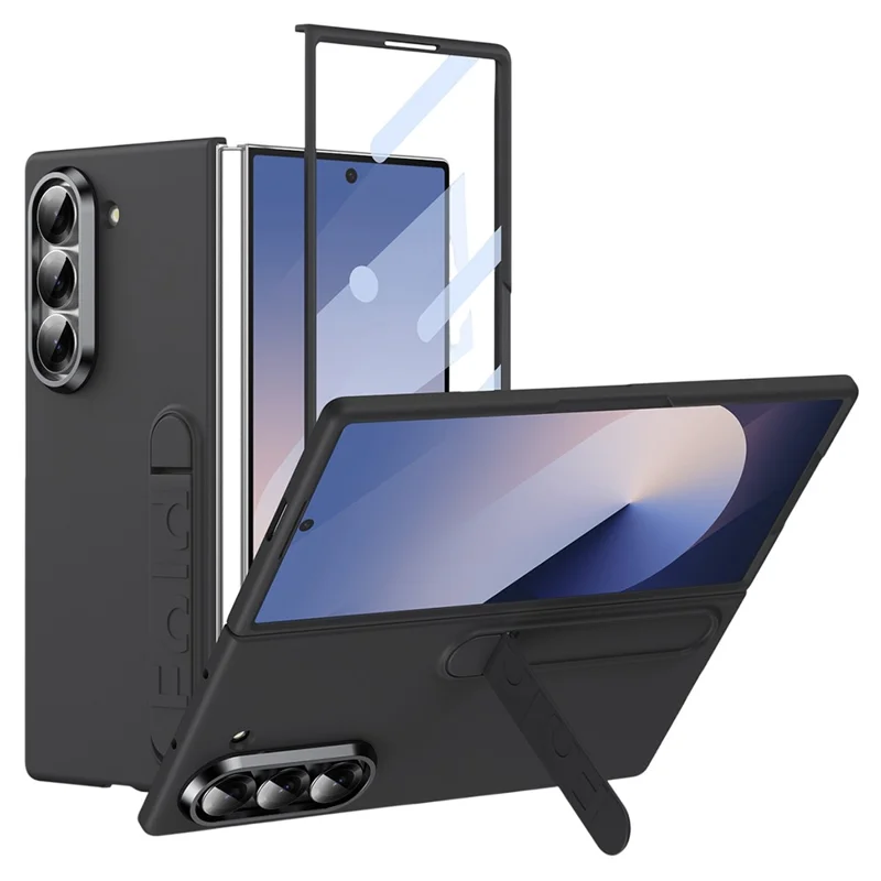 For Samsung Galaxy Z Fold5 5G Phone Case Kickstand PC Cover with Tempered Glass Screen Protector - Black