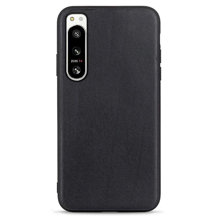 For Sony Xperia 5 IV 5G Textured Genuine Leather Coated TPU Case Drop Protection Protective Phone Cover - Black