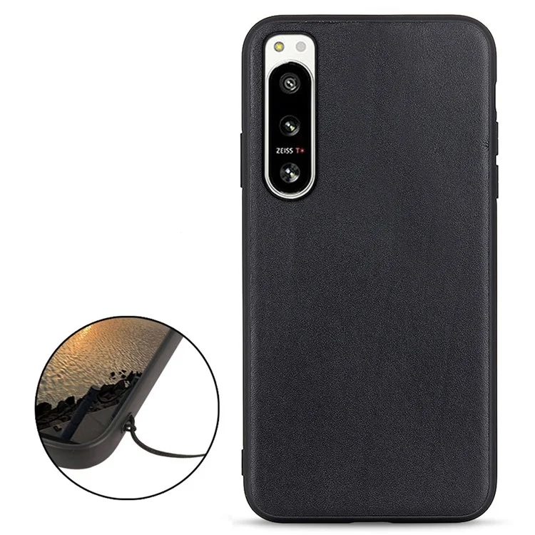 For Sony Xperia 5 IV 5G Textured Genuine Leather Coated TPU Case Drop Protection Protective Phone Cover - Black
