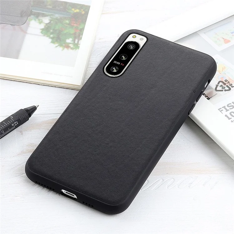 For Sony Xperia 5 IV 5G Textured Genuine Leather Coated TPU Case Drop Protection Protective Phone Cover - Black