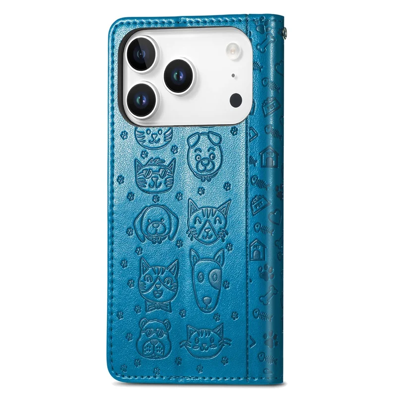 For iPhone 17 Pro Max Case Flip Wallet Leather Phone Cover with Cute Cat Dog Pattern - Blue