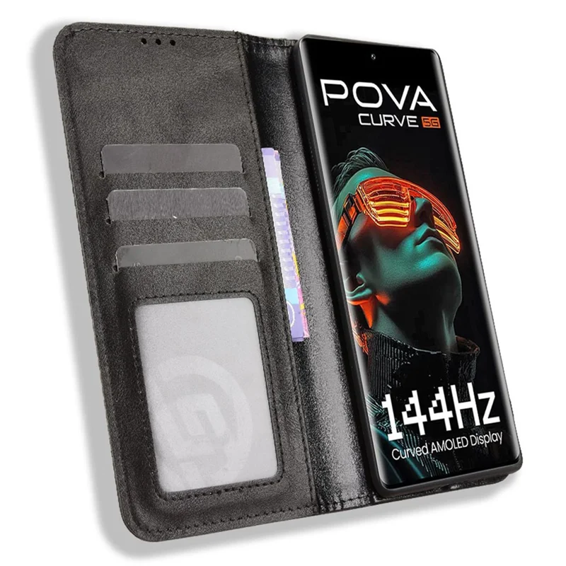 For TECNO Pova Curve 5G LJ8k Leather Case Wallet Stand Retro Texture Phone Cover - Black