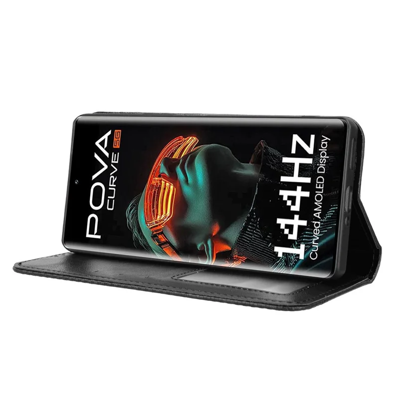 For TECNO Pova Curve 5G LJ8k Leather Case Wallet Stand Retro Texture Phone Cover - Black