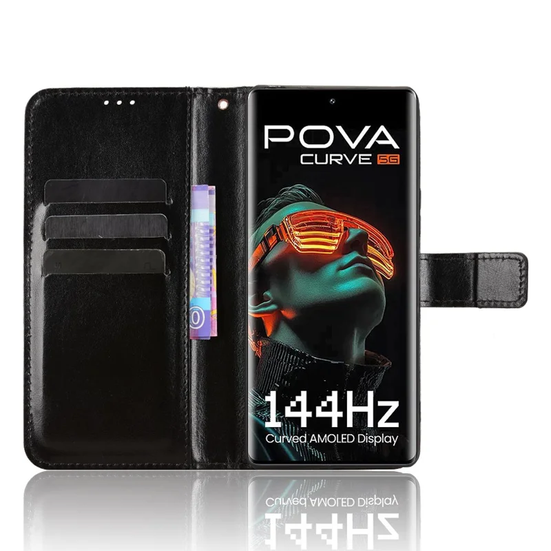 For TECNO Pova Curve 5G LJ8k PU Leather Case with Strap Crazy Horse Texture Phone Wallet Cover - Black