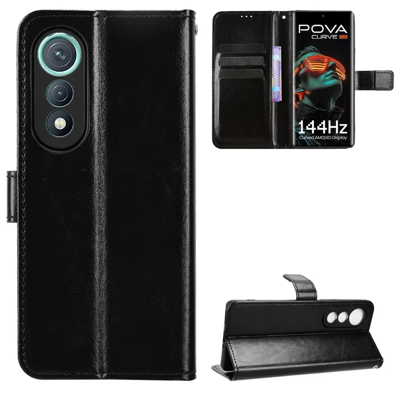 For TECNO Pova Curve 5G LJ8k PU Leather Case with Strap Crazy Horse Texture Phone Wallet Cover - Black