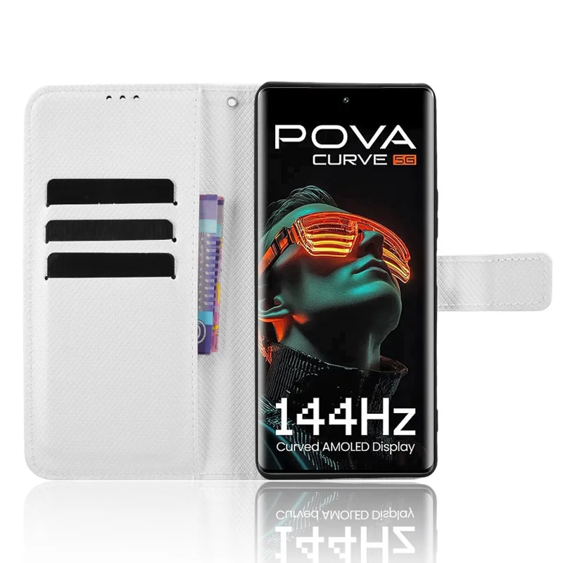 For TECNO Pova Curve 5G LJ8k Leather Wallet Case with Strap Diamond Texture Phone Cover - White