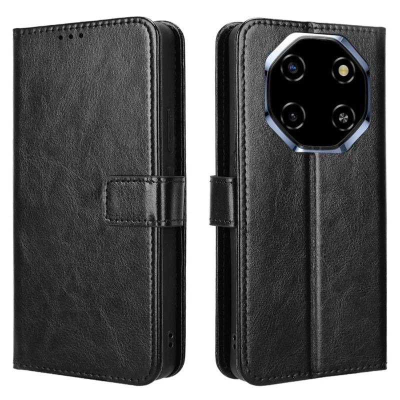 For Blackview Shark 6 / Oscal Tiger 8 PU Leather Case with Strap Crazy Horse Texture Phone Wallet Cover - Black