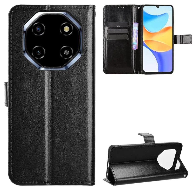 For Blackview Shark 6 / Oscal Tiger 8 PU Leather Case with Strap Crazy Horse Texture Phone Wallet Cover - Black