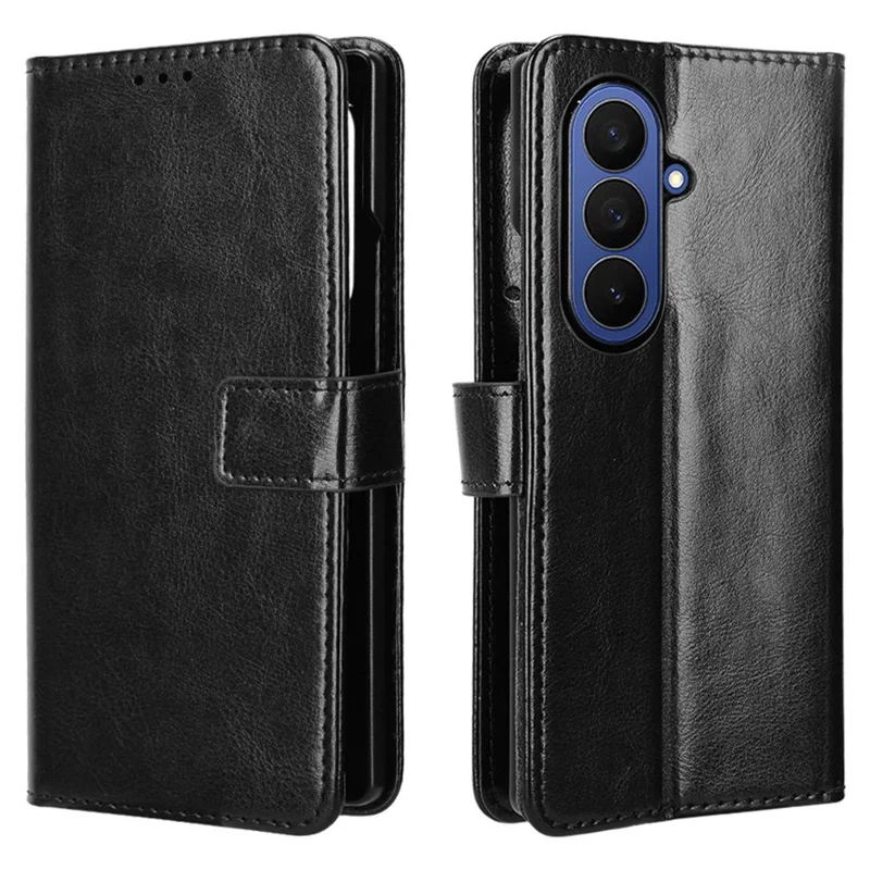 For Samsung Galaxy Z Fold7 5G PU Leather Case with Strap Crazy Horse Texture Phone Wallet Cover - Black