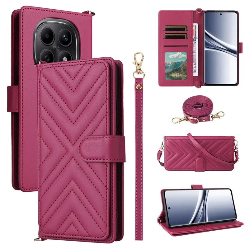 For Xiaomi Redmi Note 15 5G (Global) Case with Shoulder  /  Wrist Strap Leather Phone Cover Stand Wallet - Rose