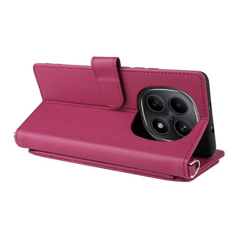 For Xiaomi Redmi Note 15 5G (Global) Case with Shoulder  /  Wrist Strap Leather Phone Cover Stand Wallet - Rose