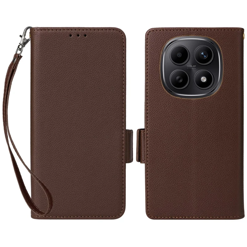 For Xiaomi Redmi Note 15 5G (Global) / Note 15 4G (Global) Case Litchi Texture Wallet Leather Phone Cover with Wrist Strap - Brown