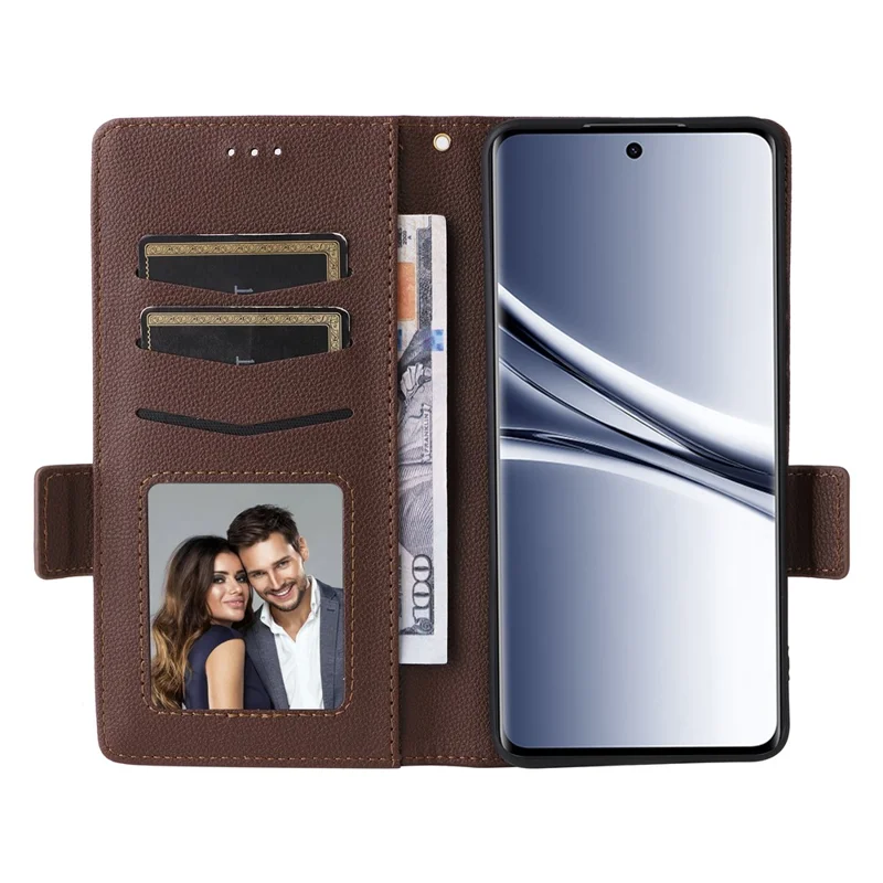 For Xiaomi Redmi Note 15 5G (Global) / Note 15 4G (Global) Case Litchi Texture Wallet Leather Phone Cover with Wrist Strap - Brown
