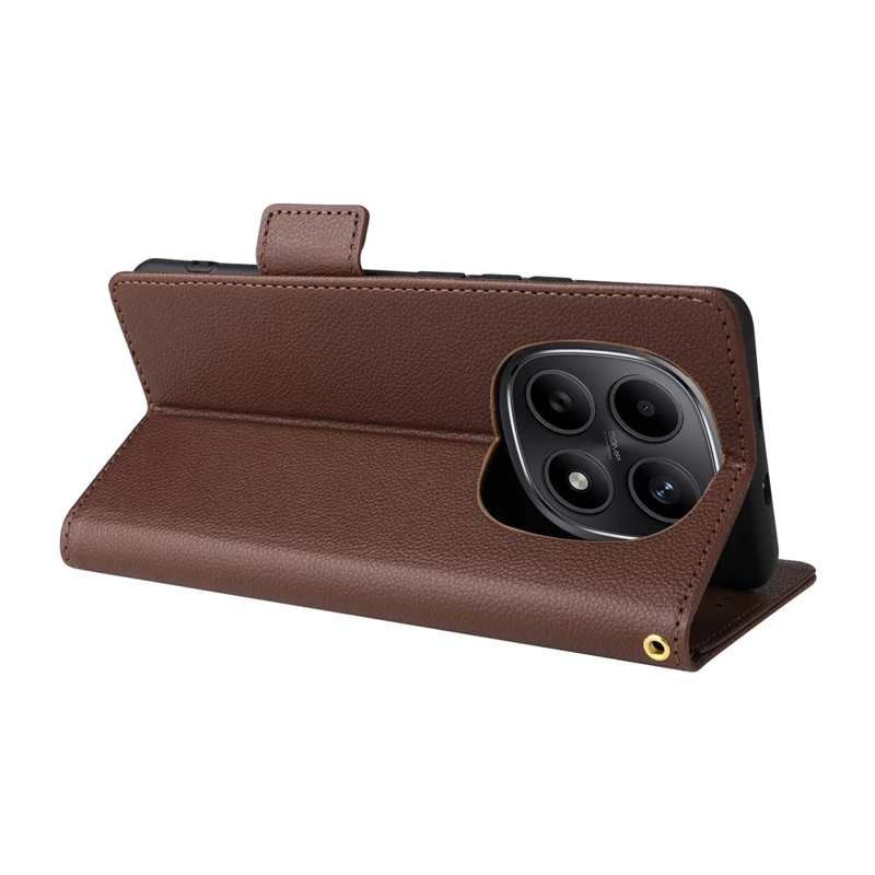 For Xiaomi Redmi Note 15 5G (Global) / Note 15 4G (Global) Case Litchi Texture Wallet Leather Phone Cover with Wrist Strap - Brown