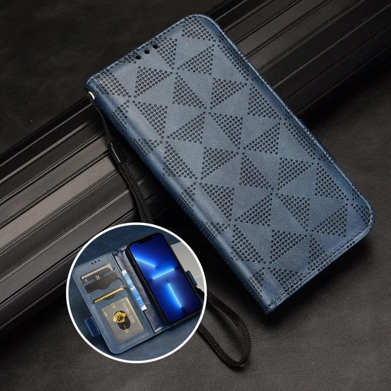 For Honor Play 40 Plus 5G Imprinted Triangle Pattern Stand Wallet Phone Case PU Leather Drop-proof Protective Cover with Hand Strap - Blue