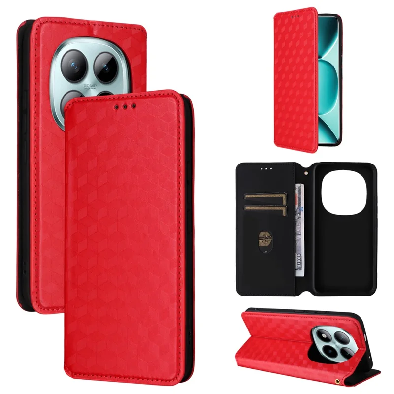 For Xiaomi Poco M8 Pro 5G / Redmi Note 15 Pro+ 5G (Global) Case Wallet Rhombus Imprinted Leather Phone Cover - Red