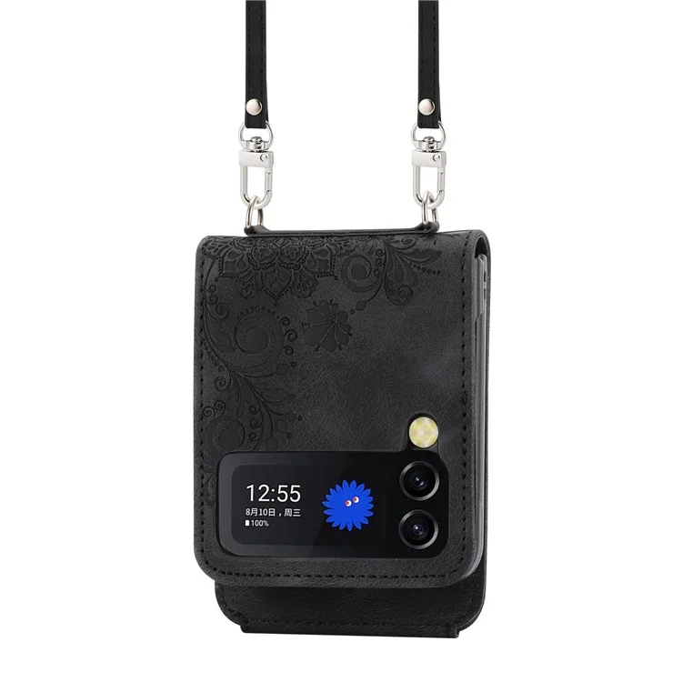 For Samsung Galaxy Z Flip4 5G Imprinted Flowers Skin-touch PU Leather Phone Case Stand Card Holder Folding Display Cover with Shoulder Strap - Black