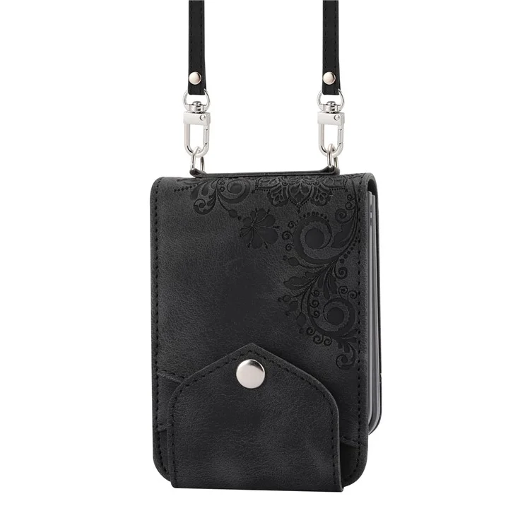 For Samsung Galaxy Z Flip4 5G Imprinted Flowers Skin-touch PU Leather Phone Case Stand Card Holder Folding Display Cover with Shoulder Strap - Black
