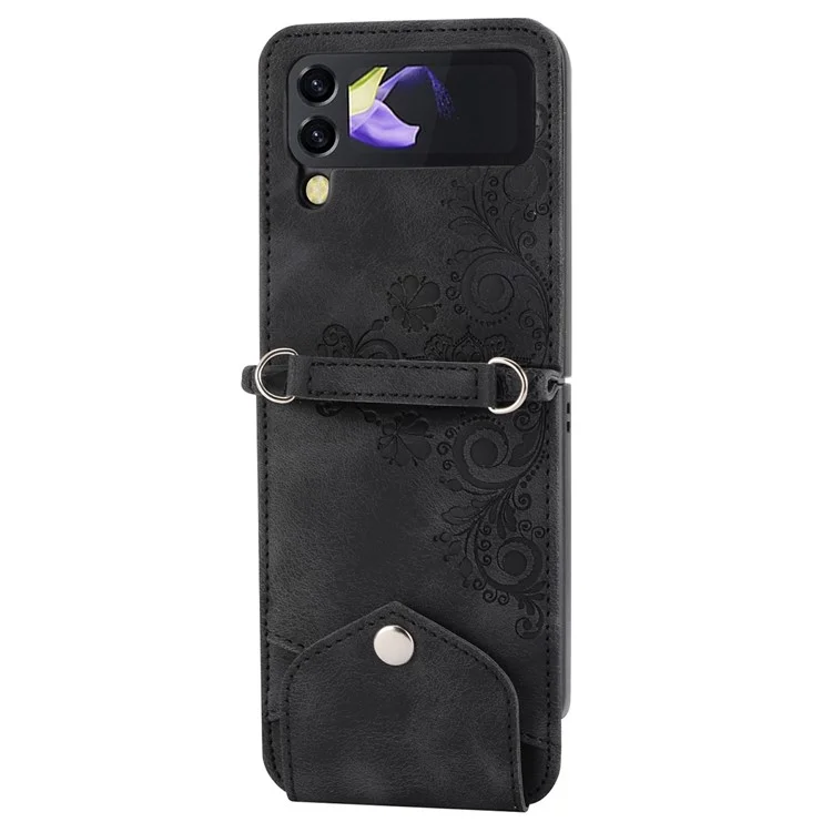 For Samsung Galaxy Z Flip4 5G Imprinted Flowers Skin-touch PU Leather Phone Case Stand Card Holder Folding Display Cover with Shoulder Strap - Black