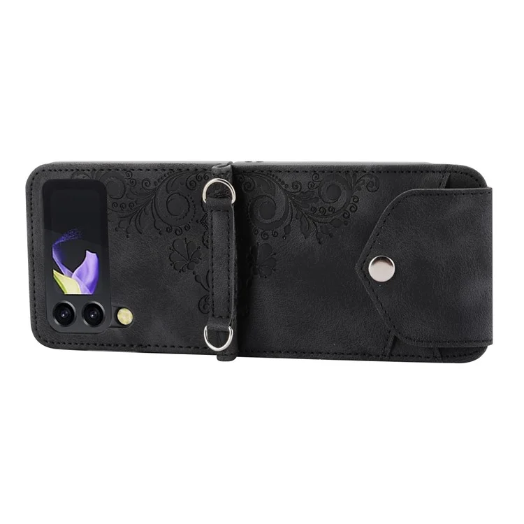 For Samsung Galaxy Z Flip4 5G Imprinted Flowers Skin-touch PU Leather Phone Case Stand Card Holder Folding Display Cover with Shoulder Strap - Black