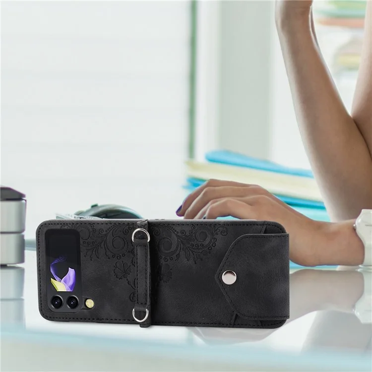 For Samsung Galaxy Z Flip4 5G Imprinted Flowers Skin-touch PU Leather Phone Case Stand Card Holder Folding Display Cover with Shoulder Strap - Black