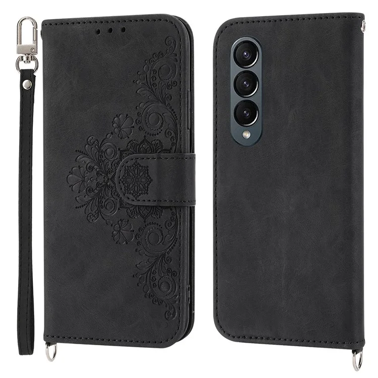Para Samsung Galaxy Z Fold4 5g Flores Impressas Touch Skin Touch PU Caparela Capa de Tolo Dolho - Preto