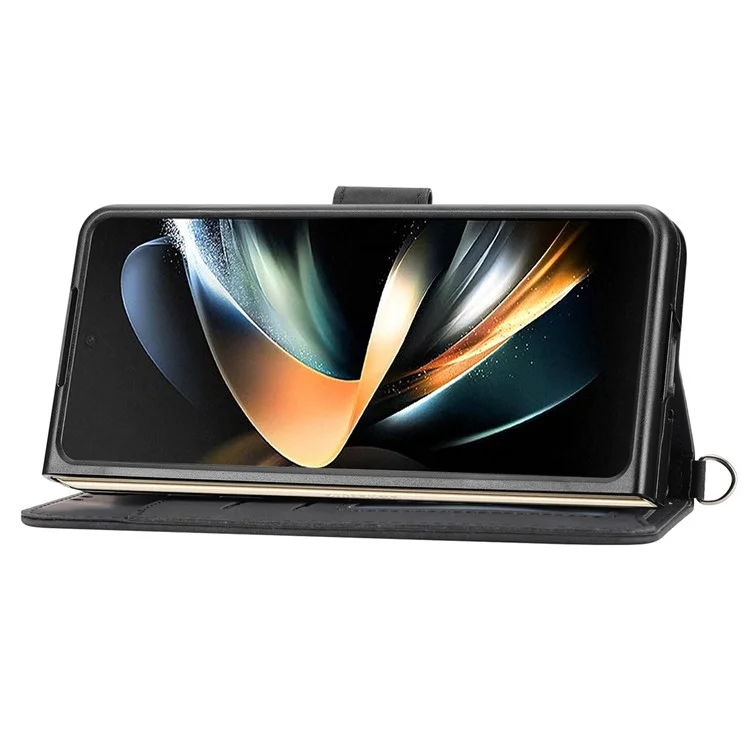 Para Samsung Galaxy Z Fold4 5g Flores Impressas Touch Skin Touch PU Caparela Capa de Tolo Dolho - Preto