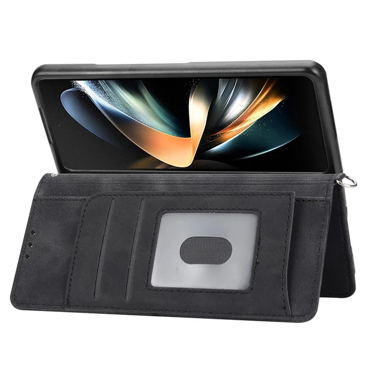 Para Samsung Galaxy Z Fold4 5g Flores Impressas Touch Skin Touch PU Caparela Capa de Tolo Dolho - Preto