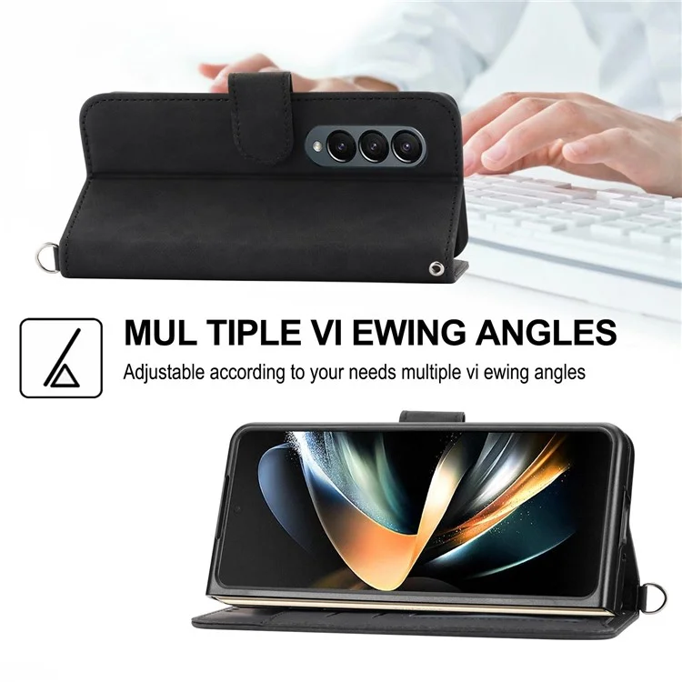 Para Samsung Galaxy Z Fold4 5g Flores Impressas Touch Skin Touch PU Caparela Capa de Tolo Dolho - Preto