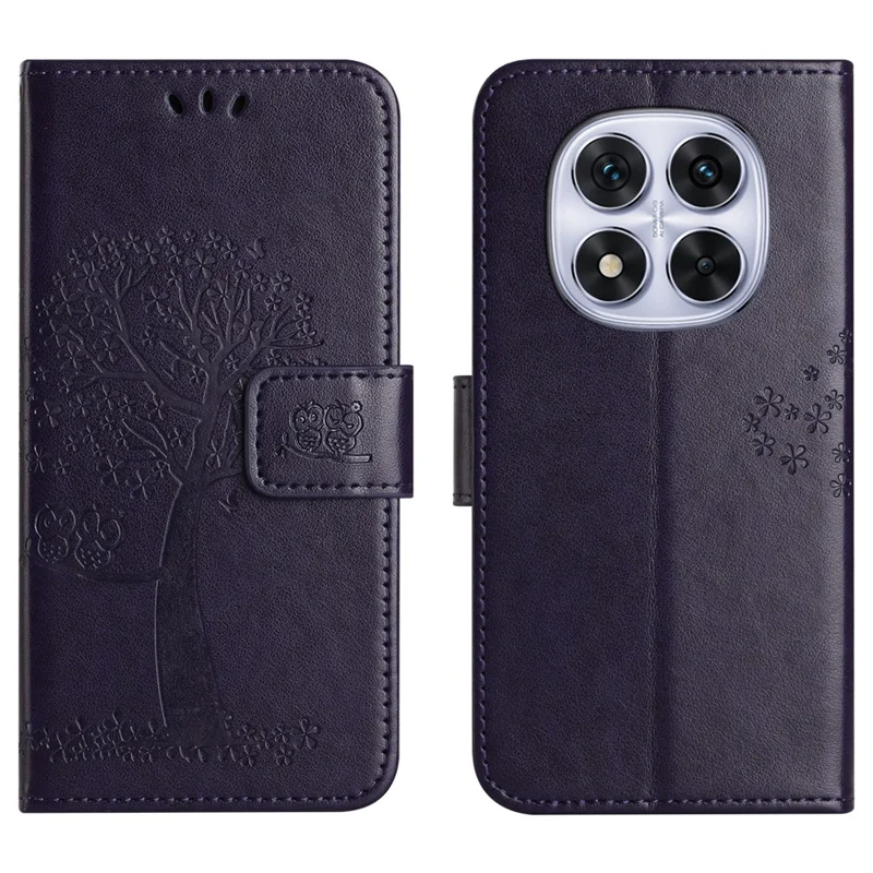 For Xiaomi Redmi Note 15 5G (Global) Case PU Leather Owl Tree Imprinted Wallet Phone Cover with Strap - Dark Blue