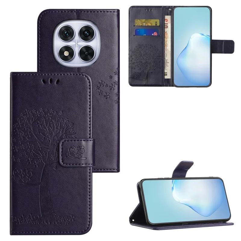 For Xiaomi Redmi Note 15 5G (Global) Case PU Leather Owl Tree Imprinted Wallet Phone Cover with Strap - Dark Blue