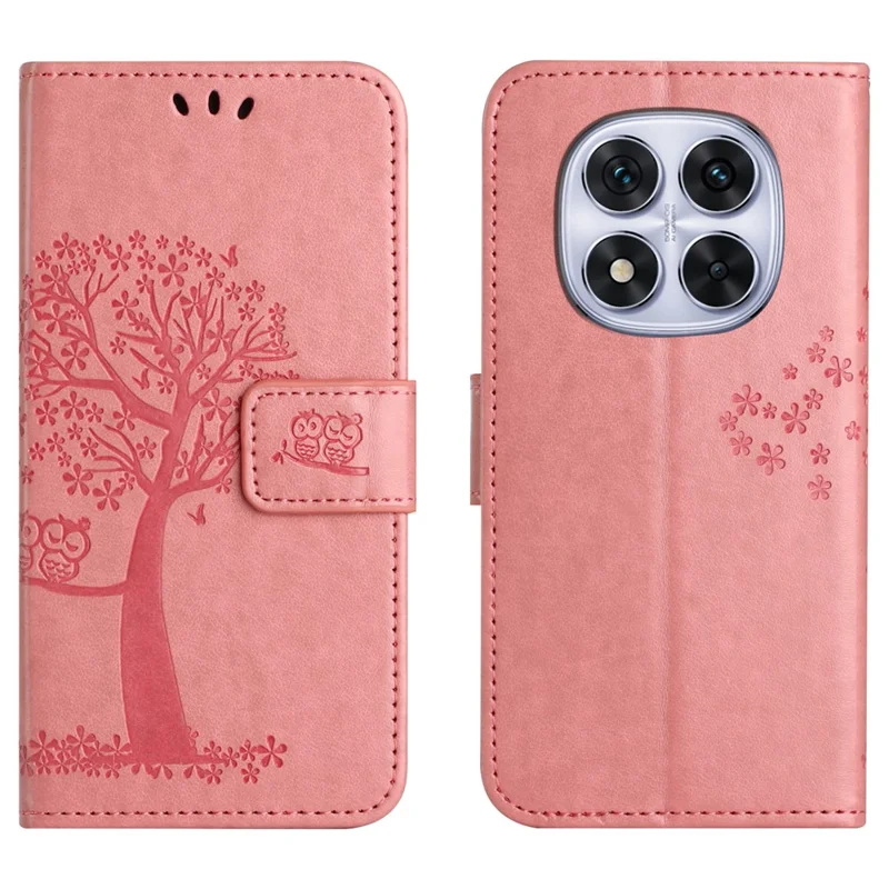 Voor Xiaomi Redmi Note 15 Pro 5G hoesje PU leer uil boom afgedrukt portemonnee telefoonhoesje met riem - Roze