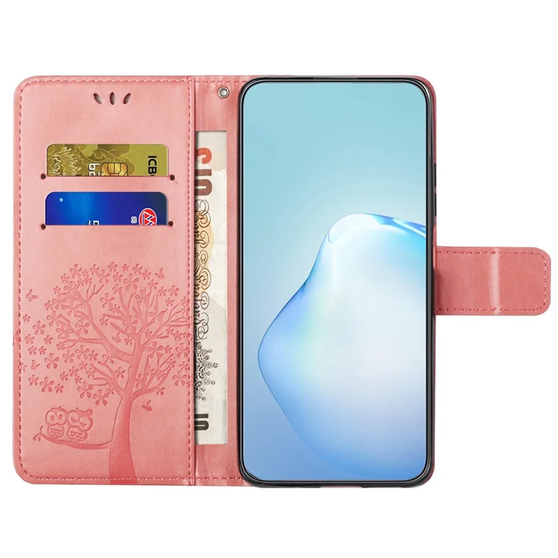 Voor Xiaomi Redmi Note 15 Pro 5G hoesje PU leer uil boom afgedrukt portemonnee telefoonhoesje met riem - Roze