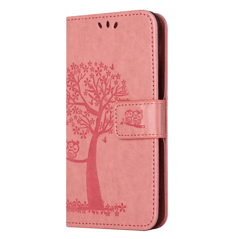 Voor Xiaomi Redmi Note 15 Pro 5G hoesje PU leer uil boom afgedrukt portemonnee telefoonhoesje met riem - Roze