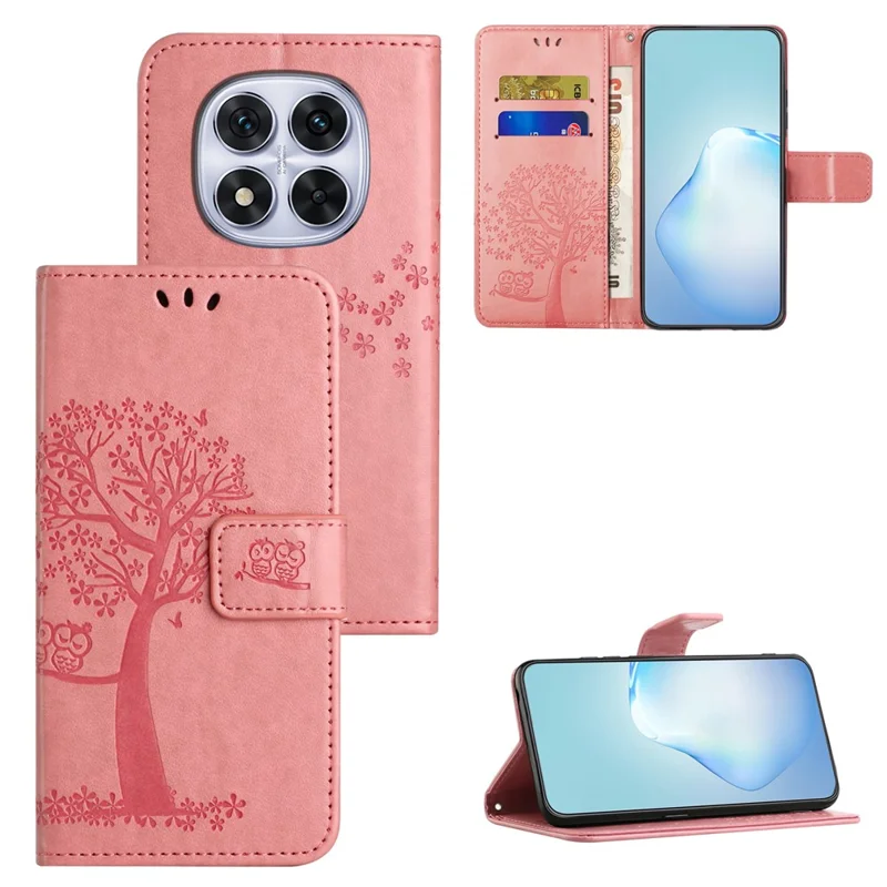 Voor Xiaomi Redmi Note 15 Pro 5G hoesje PU leer uil boom afgedrukt portemonnee telefoonhoesje met riem - Roze